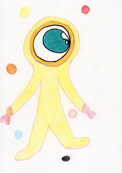 A tall yellow alien with one large blue eye and long arms, among small coloured dots.