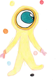 A tall yellow alien with one large blue eye and long arms, among small coloured dots.