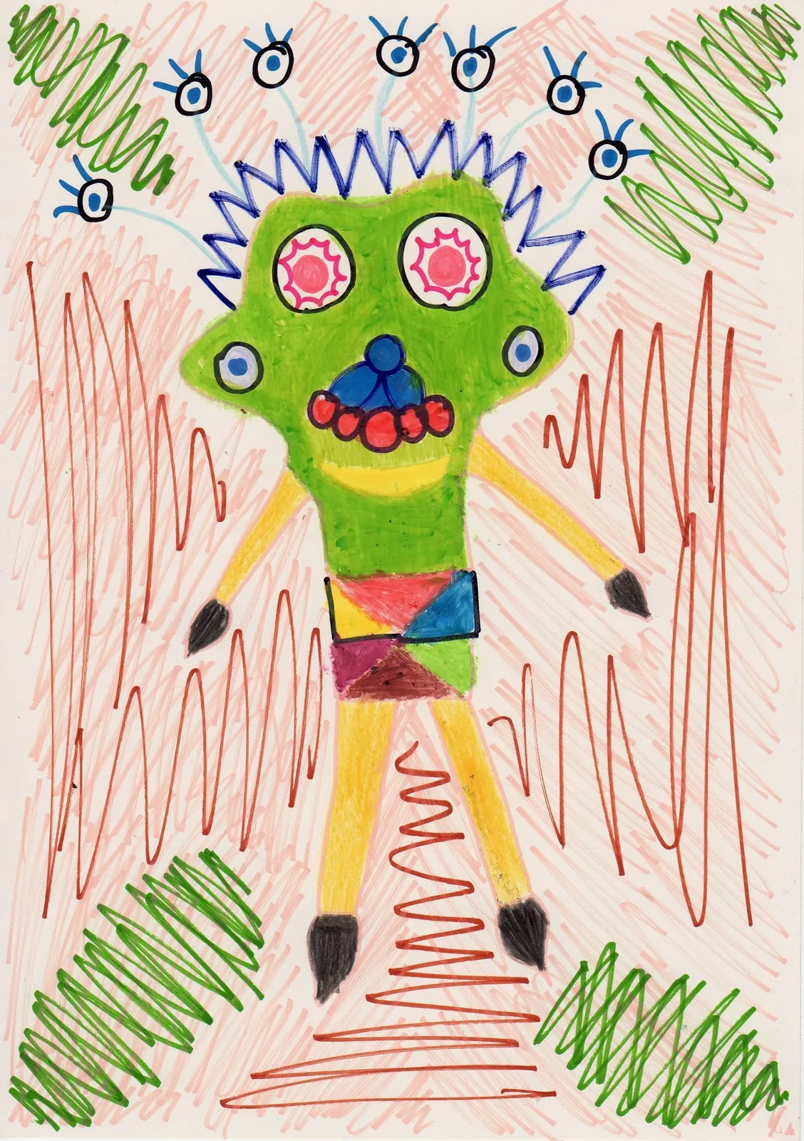 A green alien with red eyes and many small eyes around its head, on a red striped background.