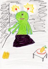 A green alien with yellow eyes on stalks, wearing a dark skirt, beside a small table with a pineapple.