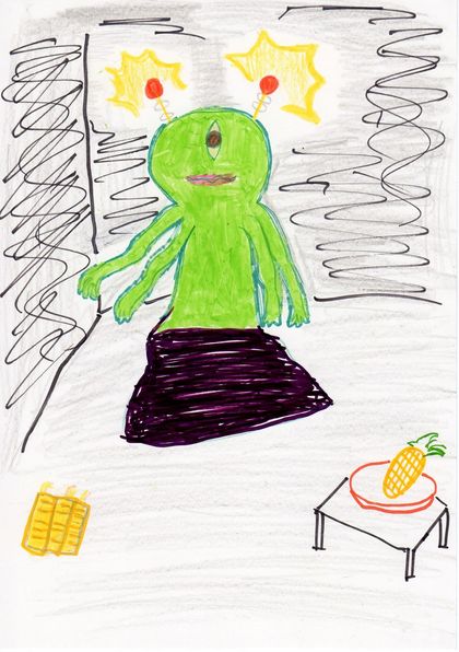 A green alien with yellow eyes on stalks, wearing a dark skirt, beside a small table with a pineapple.