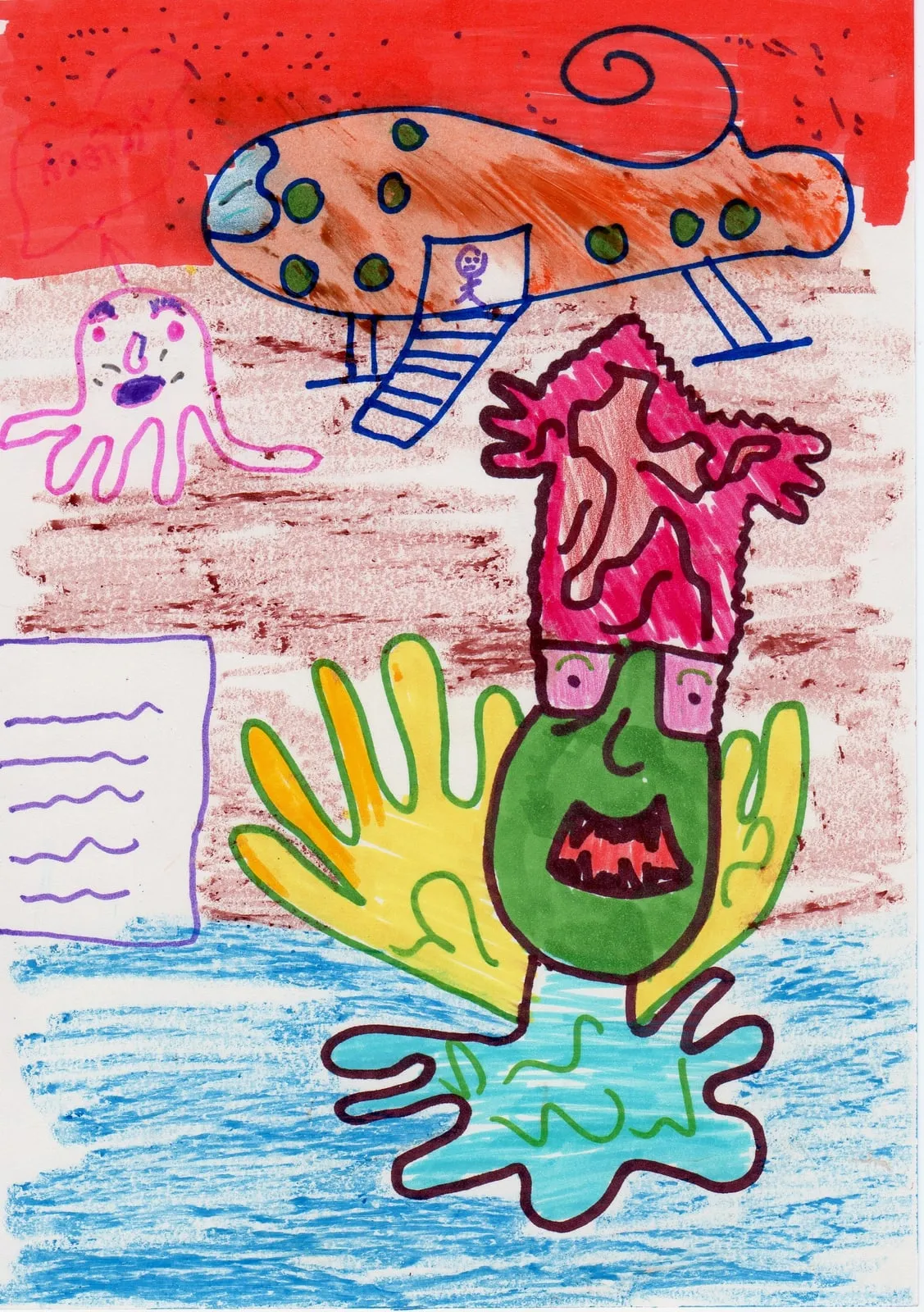 An alien with a green face and a hand on its head, among waves, an airship and small figures.