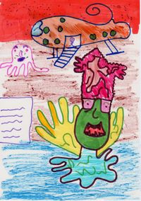 An alien with a green face and a hand on its head, among waves, an airship and small figures.