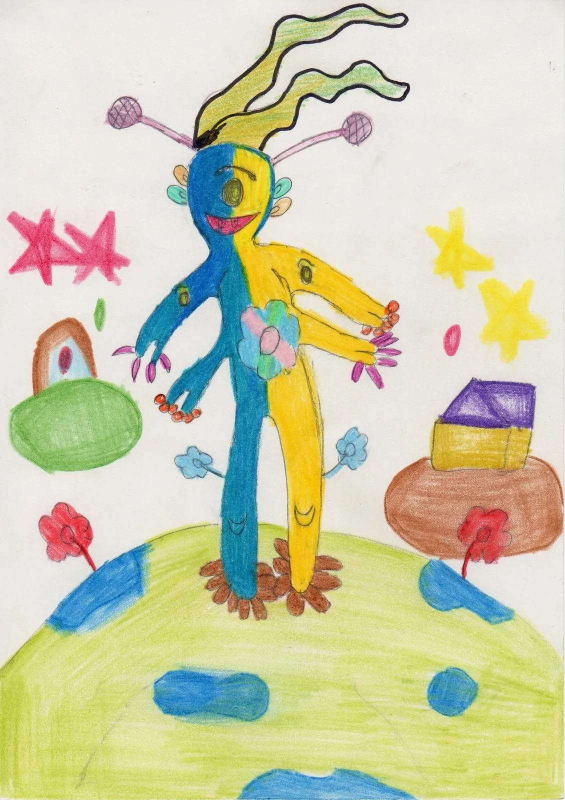 A blue and yellow alien standing on a green planet, surrounded by stars and small houses.