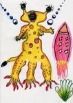 A yellow alien with many eyes and red spots, next to a pink rocket.