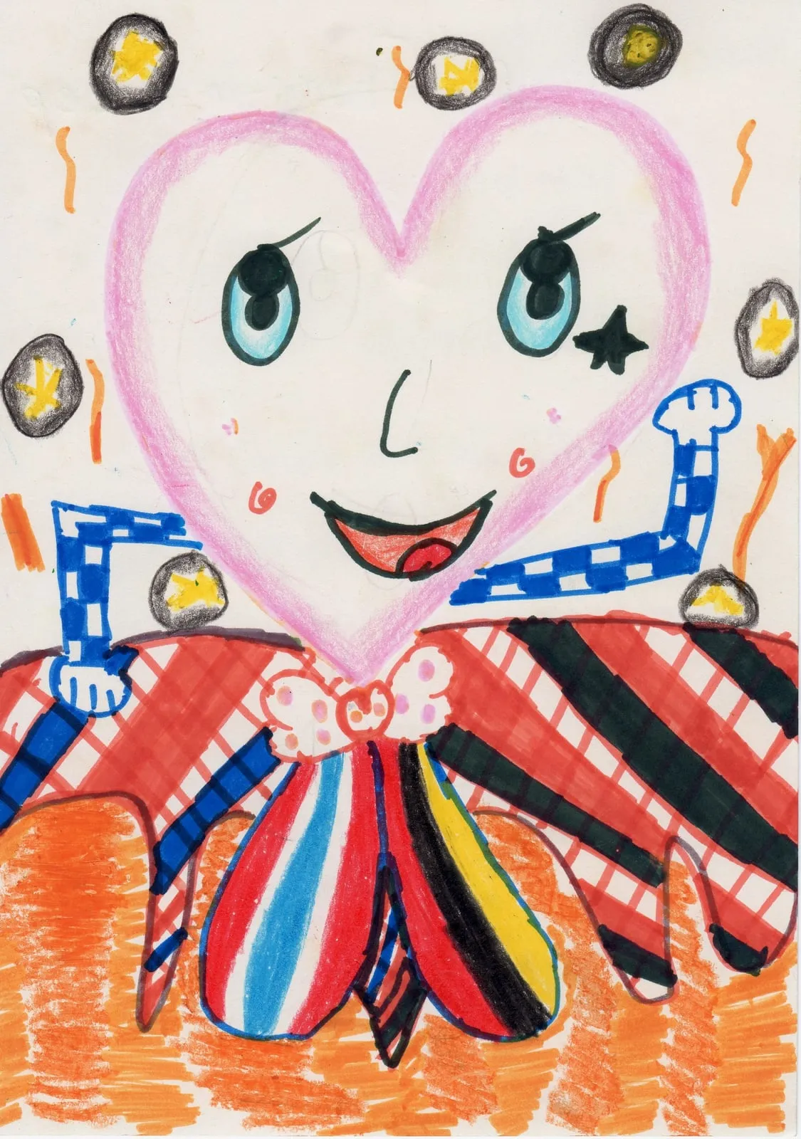 A heart-shaped alien face with one star-shaped eye, above a striped body.