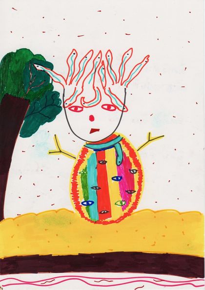 An alien with snake-like hair and a striped body covered in eyes, standing beside a tree.