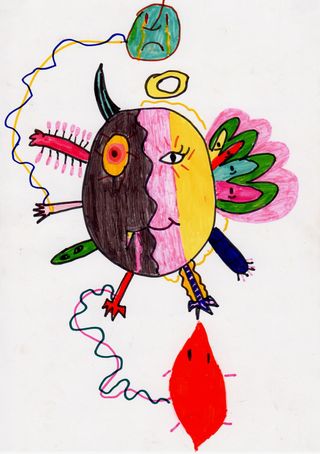 A round alien split into a dark half and a yellow half, with horns, wings and a red leaf below it.