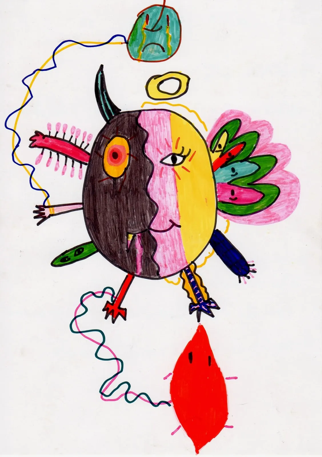 A round alien split into a dark half and a yellow half, with horns, wings and a red leaf below it.