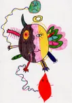 A round alien split into a dark half and a yellow half, with horns, wings and a red leaf below it.