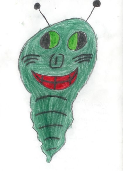 A green segmented alien with large green eyes and a wide red smile.