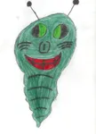 A green segmented alien with large green eyes and a wide red smile.