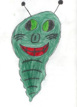 A green segmented alien with large green eyes and a wide red smile.