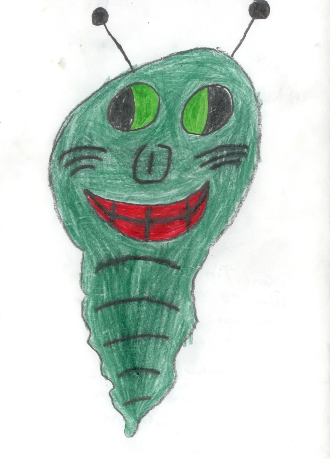 A green segmented alien with large green eyes and a wide red smile.