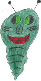 A green segmented alien with large green eyes and a wide red smile.