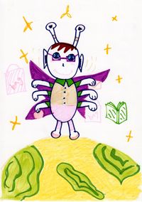 A small alien with antennae and purple wings, standing on a yellow and green planet.