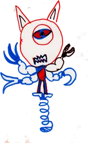 A red one-eyed alien with cat ears, blue tentacles and a spring for a body.