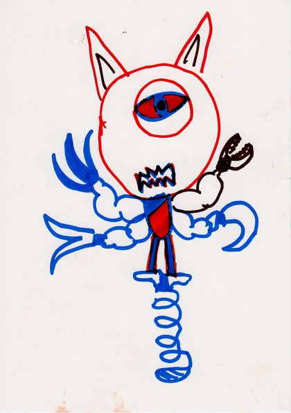 A red one-eyed alien with cat ears, blue tentacles and a spring for a body.