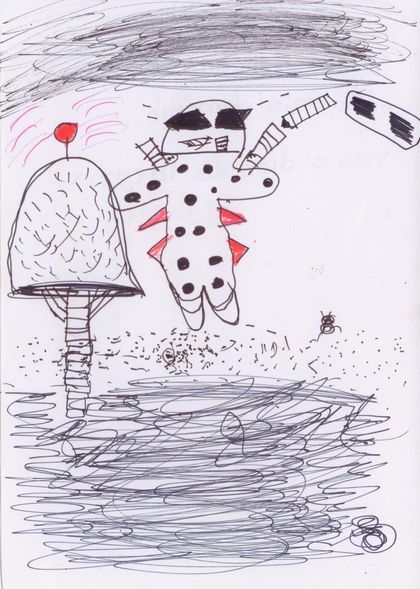 A spotted alien flying above a mushroom-shaped building, over dense pencil scribbles.
