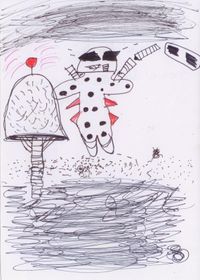 A spotted alien flying above a mushroom-shaped building, over dense pencil scribbles.