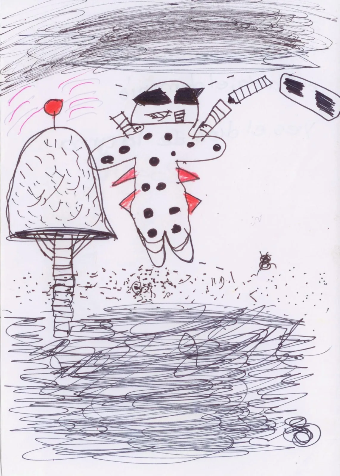 A spotted alien flying above a mushroom-shaped building, over dense pencil scribbles.