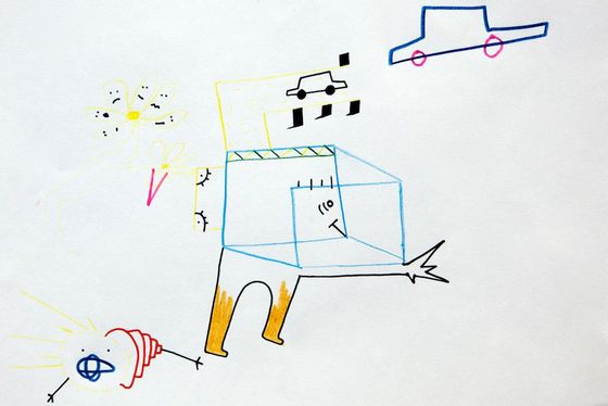 A drawing of a pale blue box on orange legs, with two cars, a yellow flower and a red shell shape.