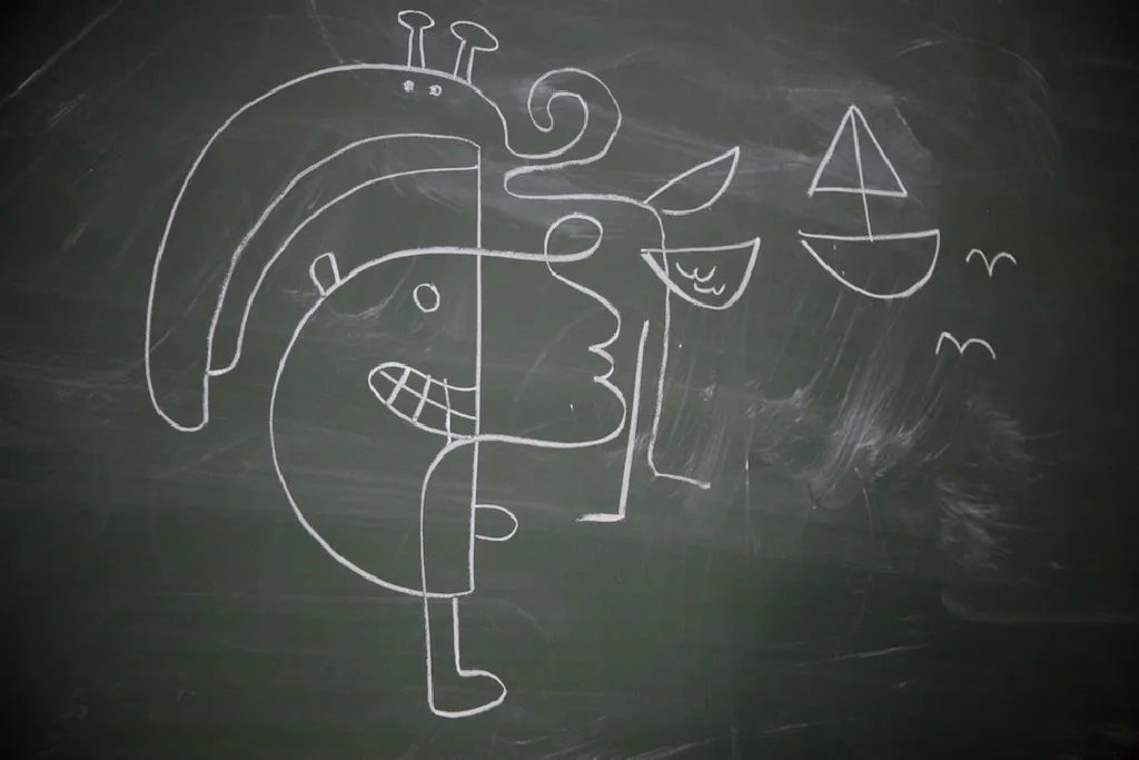 A chalk drawing on a blackboard: a face split into two halves, a sailboat and a bird.