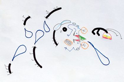 A drawing of thick black arcs, blue teardrop loops and a small face with a red and green mouth.