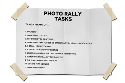 A poster headed Photo Rally Tasks listing eleven things to photograph.