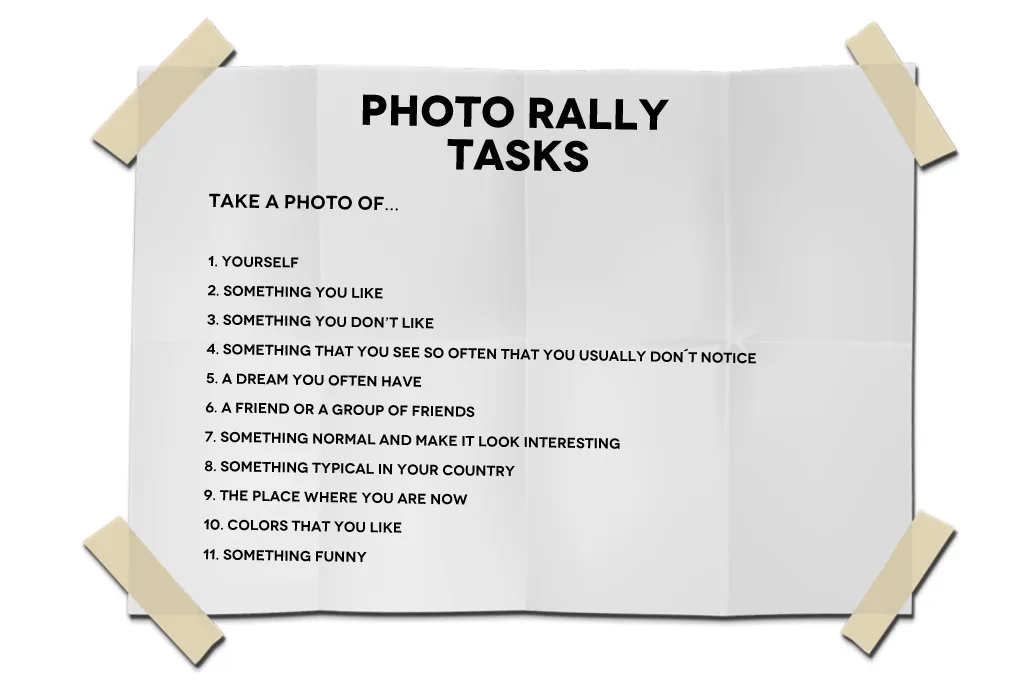 A poster headed Photo Rally Tasks listing eleven things to photograph.