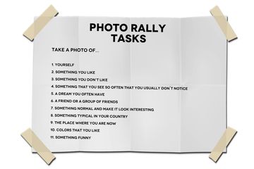 A poster headed Photo Rally Tasks listing eleven things to photograph.