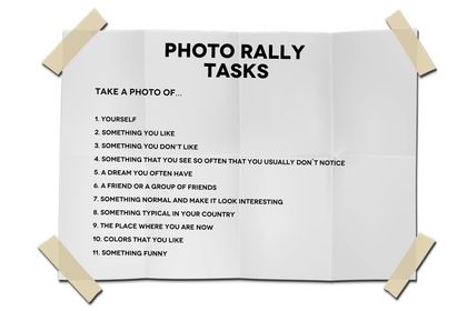 A poster headed Photo Rally Tasks listing eleven things to photograph.
