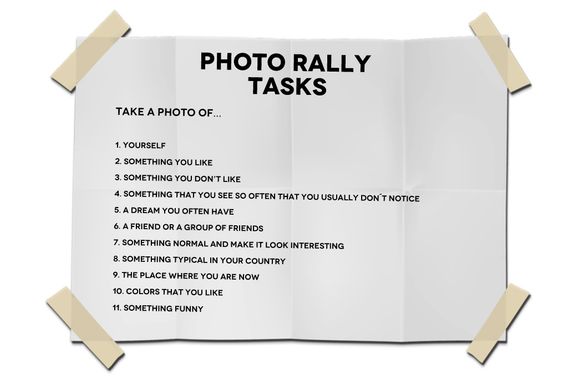 A poster headed Photo Rally Tasks listing eleven things to photograph.
