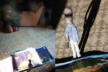 Two photographs side by side of a small figure placed on a patterned floor and on a book.
