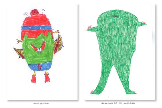 Two alien drawings side by side, one striped red and green, one tall and green, each with a printed label.