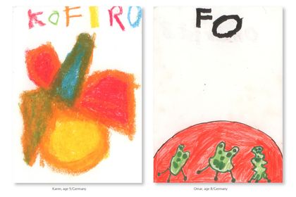 Two drawings side by side: an orange and red shape under coloured letters, and small green figures on a red hill.