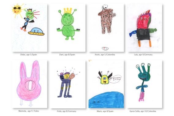 Eight alien drawings arranged in a grid, each with a printed label underneath.