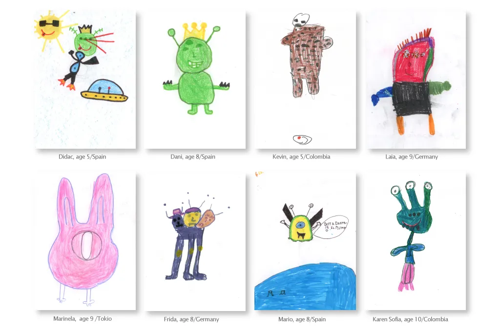 Eight alien drawings arranged in a grid, each with a printed label underneath.