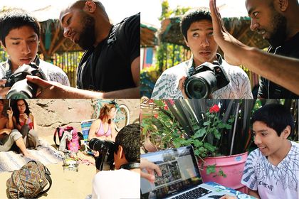 Four photographs of young people with cameras and a laptop.