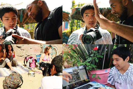 Four photographs of young people with cameras and a laptop.