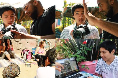 Four photographs of young people with cameras and a laptop.