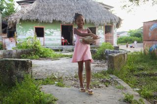 A girl in a pink dress walks along a path in front of a house with a thatched roof. Barú, Colombia, 2011.