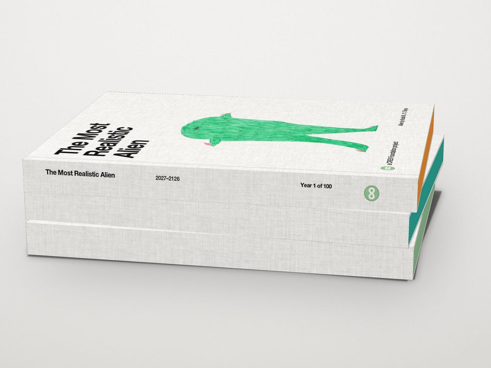 Three books stacked: Vol. 1 on top with saffron edges, two white copies below for the volumes still to come.