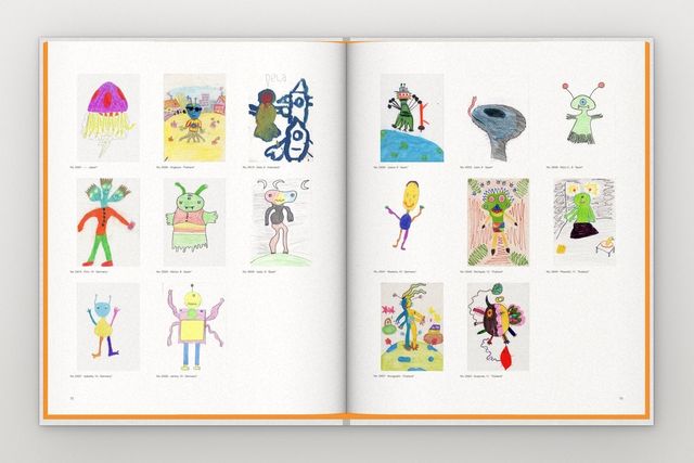 An open spread with sixteen alien drawings in a grid, each whole, with a small caption.