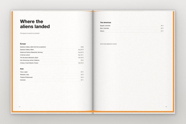 An open spread listing the places where the aliens were drawn, by continent.