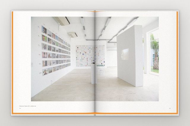 An open spread with the white-cube exhibition at Thaillywood, Thailand: drawings hung on white walls.